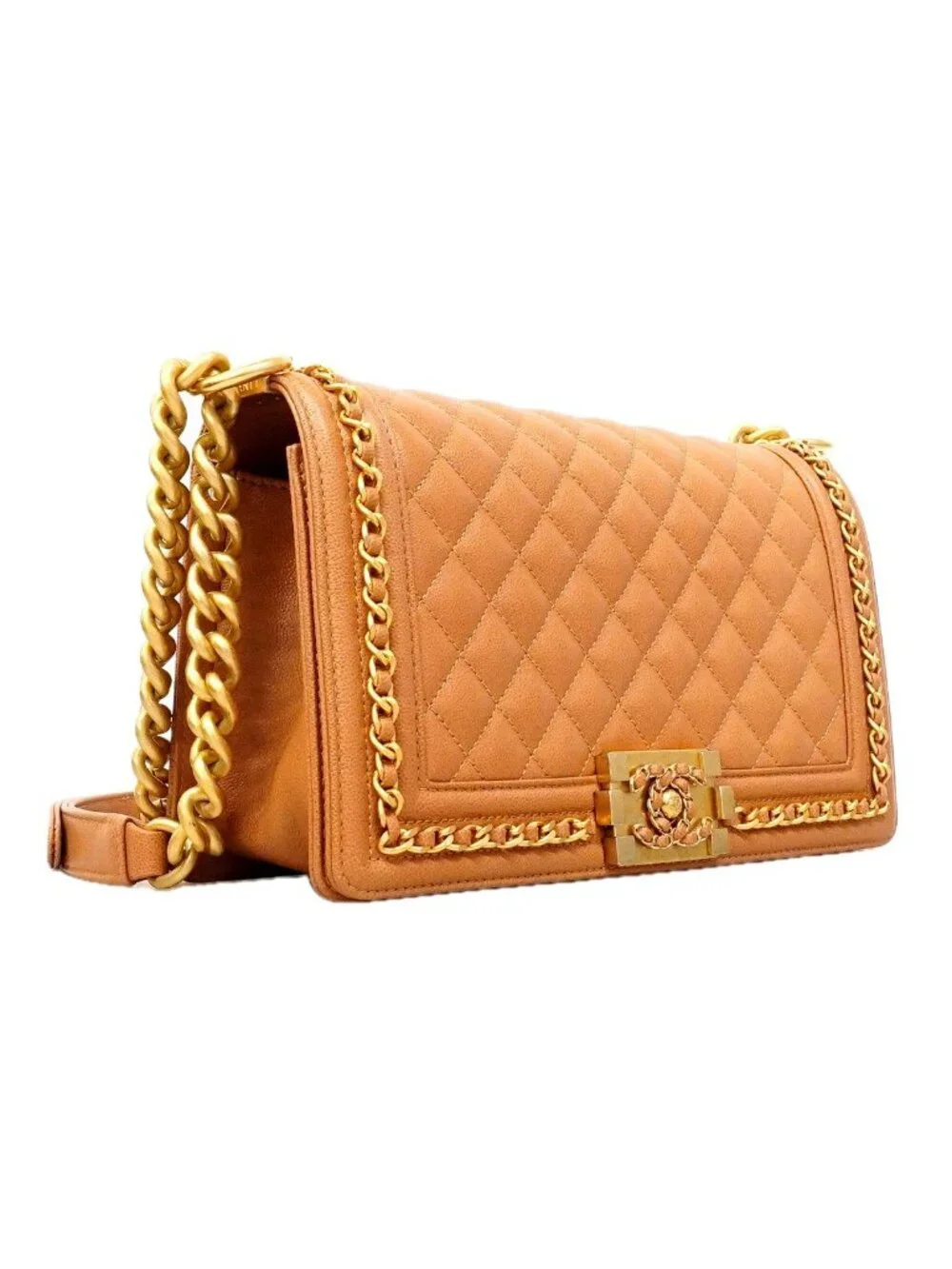 Chanel Shoulder Bag Boy Caviar Leather Brown Gold
